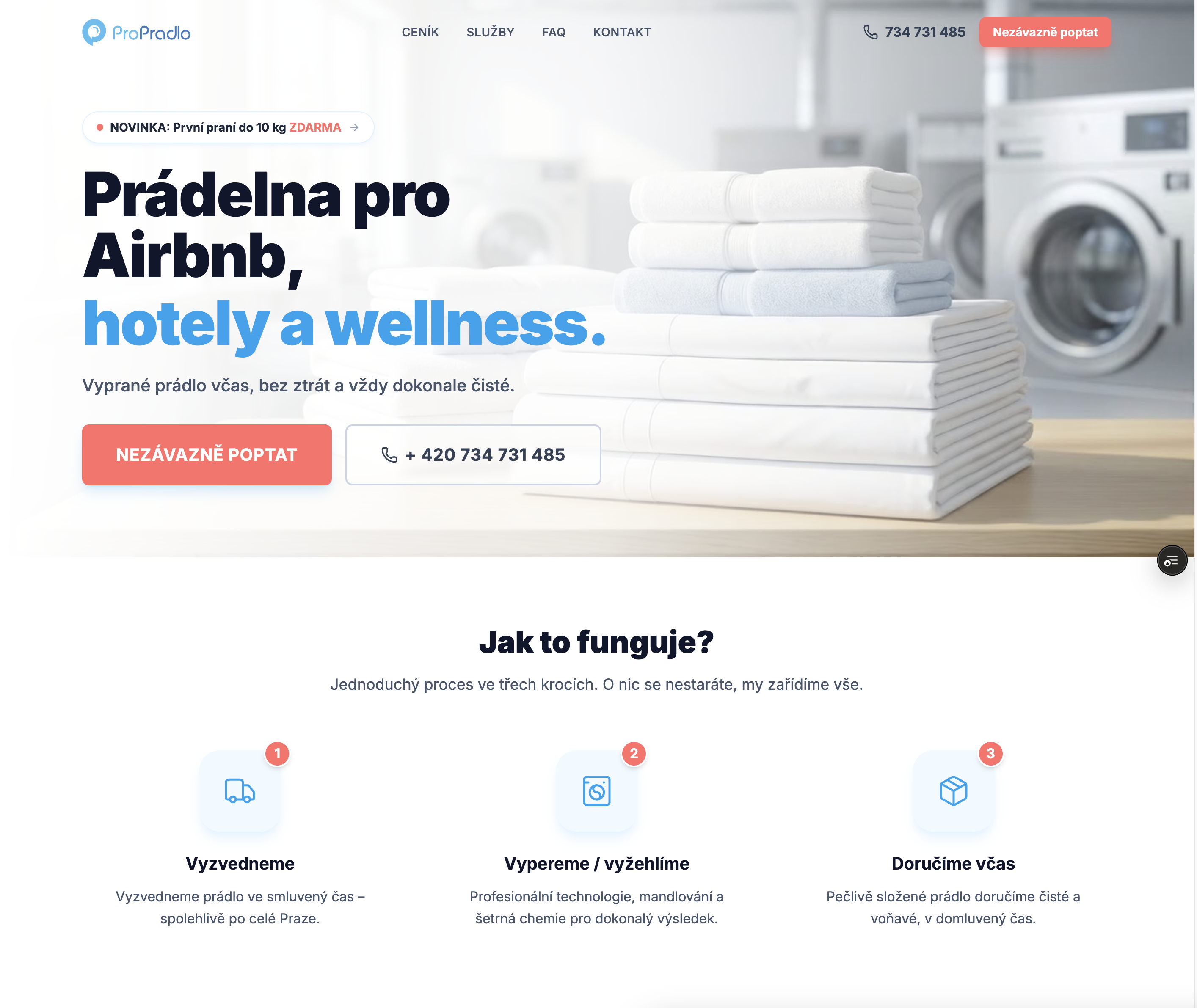 Главный экран лендинга ProPradlo.cz для прачечной с заметным CTA