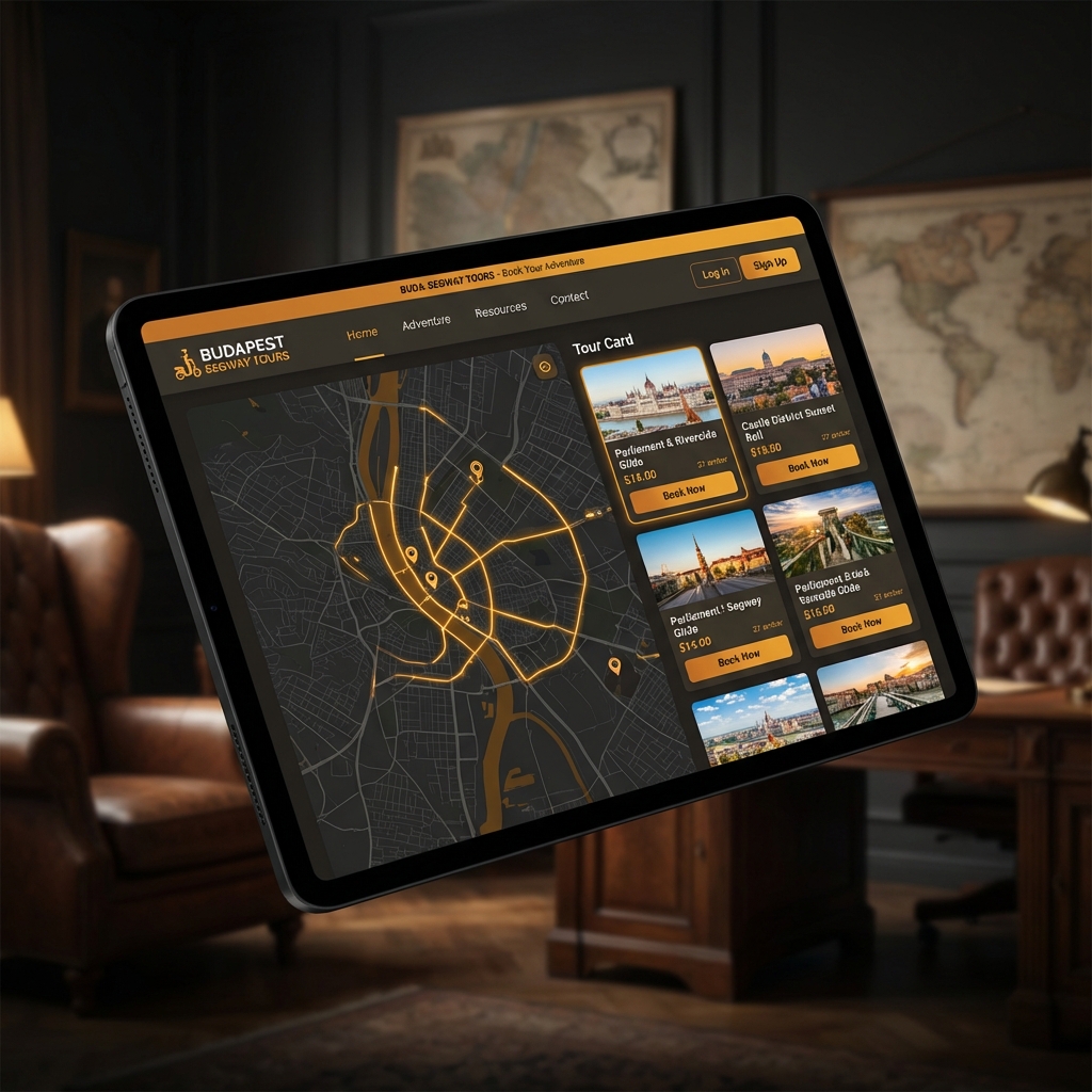 Hlavní obrazovka webu Segway Tours Budapest pro přímé rezervace výletů